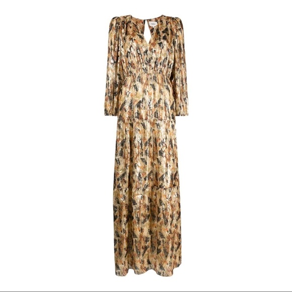 NWT BA&SH Gold Metallic Printed Gullian Robe Maxi Dress Long Sleeve Ochre XS - Picture 7 of 16